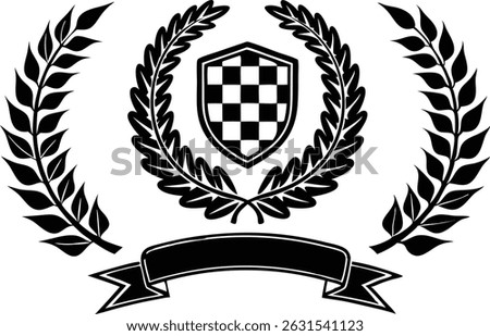 Black and White Racing Flags with Laurel Wreath Shields vector illustration