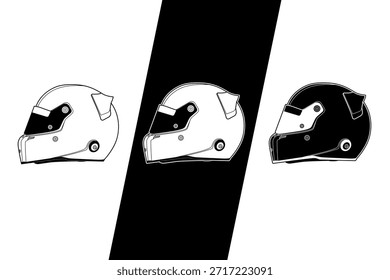 black and white racing helmet vector illustration set