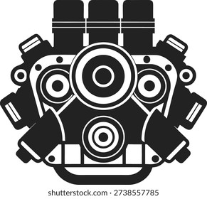 Black and white of a radial aircraft engine with eight cylinders and central hub radial engine