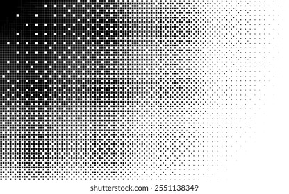 Textura de bitmap radial em preto e branco. Fundo de vetor de padrão de meio-tom de pontilhamento abstrato. Tela de falhas com efeito de pontos de pixels cintilantes. 8 bits pixel art retro design. Fundo de mosaico pontilhado quadrado