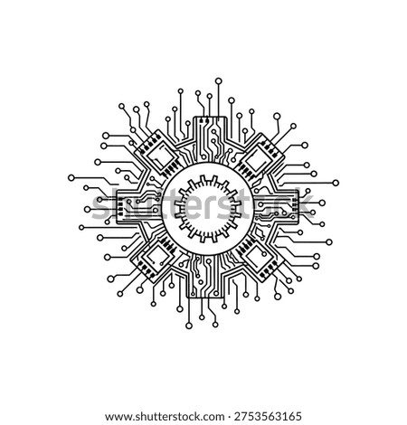 Black and white radial circuit board with interconnected pathways