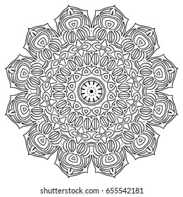 Black and White Radial Ethnic Pattern. Tribal Zentangle. Adult Coloring Book. Moroccan or Arabic Round Motif for Tile or Print. Monochrome Arabesque.
