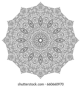 Black and White Radial Ethnic Pattern. Tribal Zentangle. Adult Coloring Book. Moroccan or Arabic Round Motif for Tile or Print. Monochrome Arabesque.