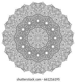 Black and White Radial Ethnic Pattern. Tribal Zentangle. Adult Coloring Book. Moroccan or Arabic Round Motif for Tile or Print. Monochrome Arabesque.