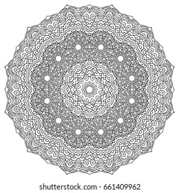 Black and White Radial Ethnic Pattern. Tribal Zentangle. Adult Coloring Book. Moroccan or Arabic Round Motif for Tile or Print. Monochrome Arabesque.