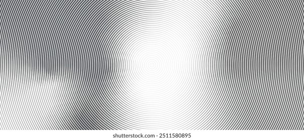 Black and white radial gradient abstract background. Concentric circle of sound wave. Monochrome halftone circular texture. Vector illustration of outline circles. Minimalist geometric wallpaper