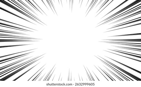 Black and white radial lines background in comic book. Manga speed frame. Super hero action. Vector illustration.