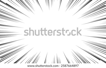 Black and white radial lines background in comic book. Manga speed frame. Superhero action. Explosion vector illustration.