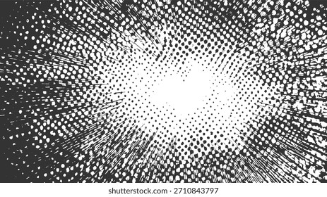 Patrón radial blanco y negro de puntos y rayas abstractas que emanan del centro.