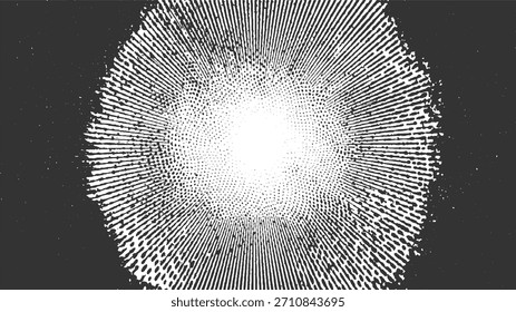 Patrón radial en blanco y negro con líneas y puntos que se desvanecen hacia afuera.