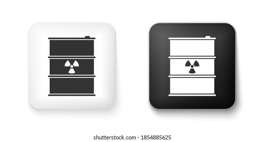 Black and white Radioactive waste in barrel icon isolated on white background. Radioactive garbage emissions, environmental pollution, danger of ecological disaster. Square button. Vector.