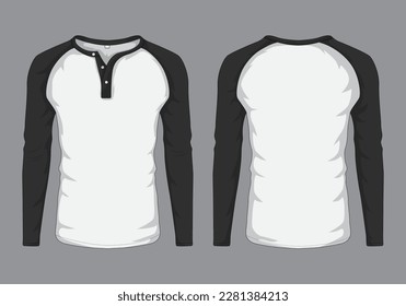 Black and white raglan long sleeve t-shirt mockup, front and back view