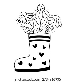 Black and White Rain Boot Flowers Illustration, Spring Floral Rubber Boot Doodle Design.