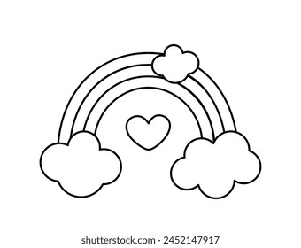 Black and white rainbow in clouds. Rainbow coloring page. Vector
