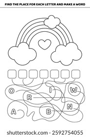 Black and white rainbow. Find the place for each letter and make a word. Maze, labyrinth. Printable, isolated vector illustration eps 10
