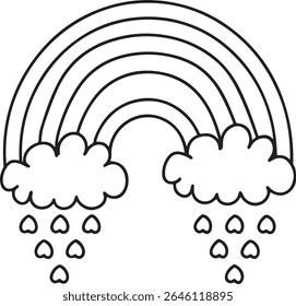 Black and White Rainbow Illustration with Clouds and Raindrops Whimsical Weather Art for Childrens Coloring Pages and Simple Designs Cute and Playful Rainbow Design