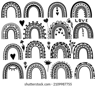 Black and white Rainbows in boho style. There are hearts, flowers, balloons like concept wedding and Valentine's day. Rainbows' set for banners, cards, posters. Vector's illustration