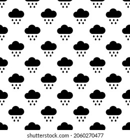 Black and white raining clouds, rainy weather vector seamless pattern background.