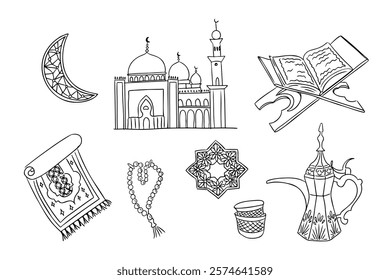 Black and white Ramadan doodle set with a mosque, crescent moon, Quran, prayer beads, prayer mat, geometric pattern, Arabic coffee pot, and cups. Vector hand drawn set isolated on white background