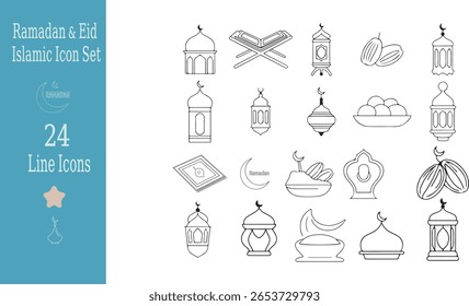 Black and white Ramadan and Eid Islamic icon set featuring mosques lanterns dates and crescent moons