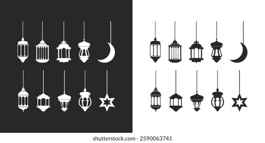 Black and white ramadan lanterns. Fanous line lantern, arabic lamps silhouettes vintage egyptian moroccan dubai eastern lamp for islamic mosque or arabian lighting.