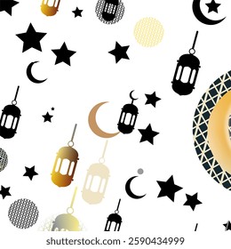  Black and white Ramadan pattern with golden lanterns, crescent moons, and stars, creating an elegant contrast.
