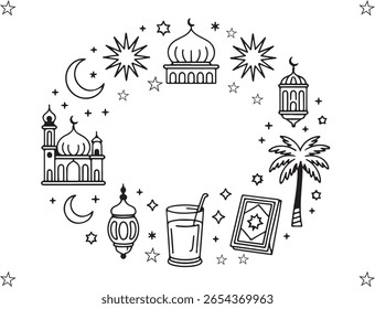 Black and white Ramadan themed vector illustration with mosques crescent moons stars and lanterns