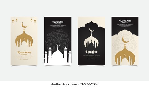 Black and White Ramadhan kareem design Stories Collection. Ramadhan kareem template stories suitable for promotion, marketing etc. Elegant ramadan kareem background with crescent moon and mosque silho - Shutterstock ID 2140552053