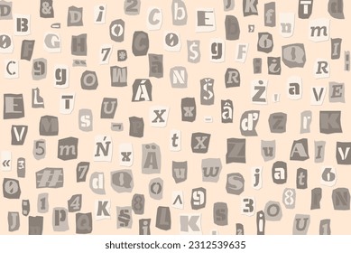 Black and white ransom collage style letters numbers and punctuation marks cut from newspapers and magazines background. Vintage ABC punk alphabet Vector illustration.