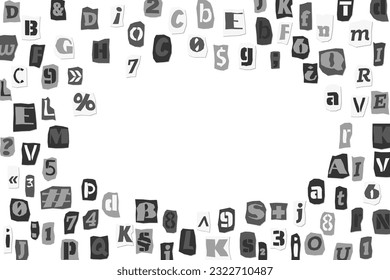 Black and white ransom collage style letters numbers and punctuation marks cut from newspapers and magazines background. Vintage ABC punk alphabet Vector illustration.