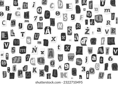 Black and white ransom collage style letters numbers and punctuation marks cut from newspapers and magazines background. Vintage ABC punk alphabet Vector illustration.