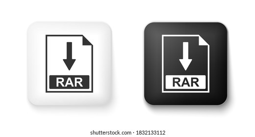Black and white RAR file document icon. Download RAR button icon isolated on white background. Square button. Vector.