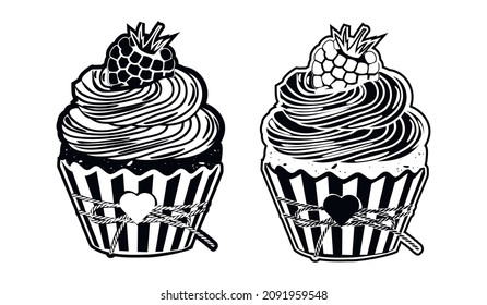 Black and white raspberry muffin set in two designs. Delicious dessert decorated with berry and fondant.Cupcake in a package with a bow and a heart. Food icon in graphic style.Vector illustration.