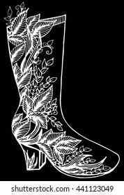 Black and white raster high-heeled woman boot illustration, hand drawing