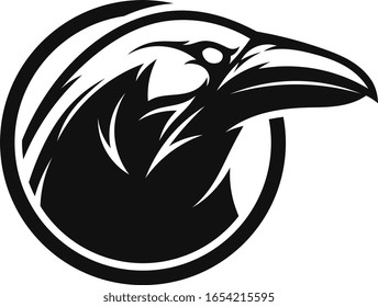 Black and white raven head emblem on the circle background. Vector illustration. 