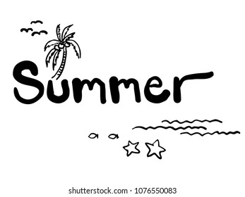 black and white raw hand writing summer season calligraphic with childish illustration decoration vector design