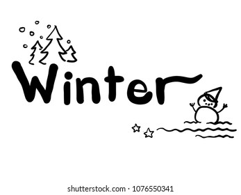 black and white raw hand writing winter season calligraphic with childish illustration decoration vector design