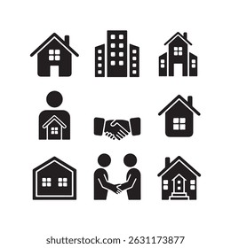 Black and white real estate icons representing homes buildings and agreements