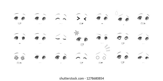 Black and white real eyes of anime (manga) girls, in Japanese style. Set of various emotions