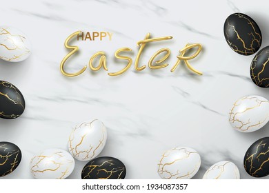 Black and white realistic eggs with gold cracks in the kitsugi style on a marble background with the volumetric inscription Happy Easter. Vector illustration of a holiday poster, banner, flyer.