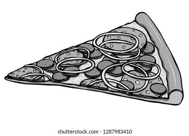 Black and white realistic hand drawn vector slice of pizza topped with cheese, mushrooms, bell peper rings and peperoni