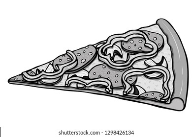 Black and white realistic hand drawn vector slice of pizza topped with cheese, mushrooms, bell pepper rings and peperoni