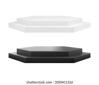 Black and white realistic hexagon podium. Empty ceremony pedestal. Vector illustration