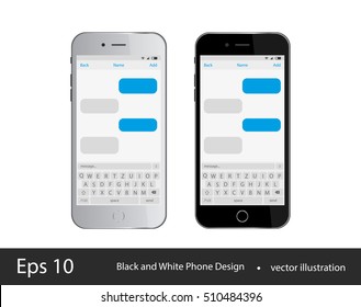 Black And White Realistic Modern Phones Isolated On White Background. Chatting Sms Template Bubbles. Vector Illustration