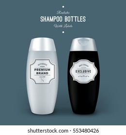 Black and White Realistic Shampoo Bottles with Vintage Labels. Vector Template Package. Product Packaging Design. Plastic Container Mock Up.