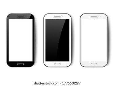 Black and white realistic smartphone on isolated white background with shadow, camera, button and glare, mobile phone mockup with blank screen for your design, vector illustration