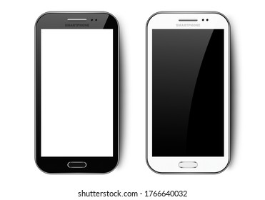 Black and white realistic smartphone with shadow, camera, button and glare, mobile phone mockup with blank screen for your design on isolated white background, vector illustration