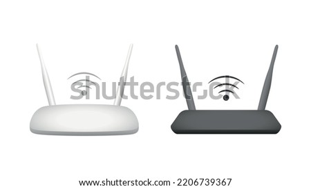 Black and white realistic wireless Wi-Fi router with antennas on white background. Flat symbol of wifi, internet. Vector illustration