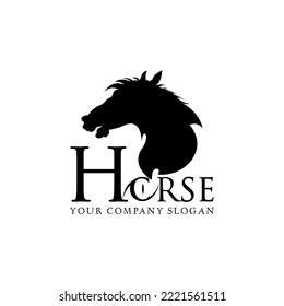 black and white rear horse head silhouette logo design