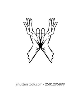 black and white rebirth gesture with both hands pointing up vector line art